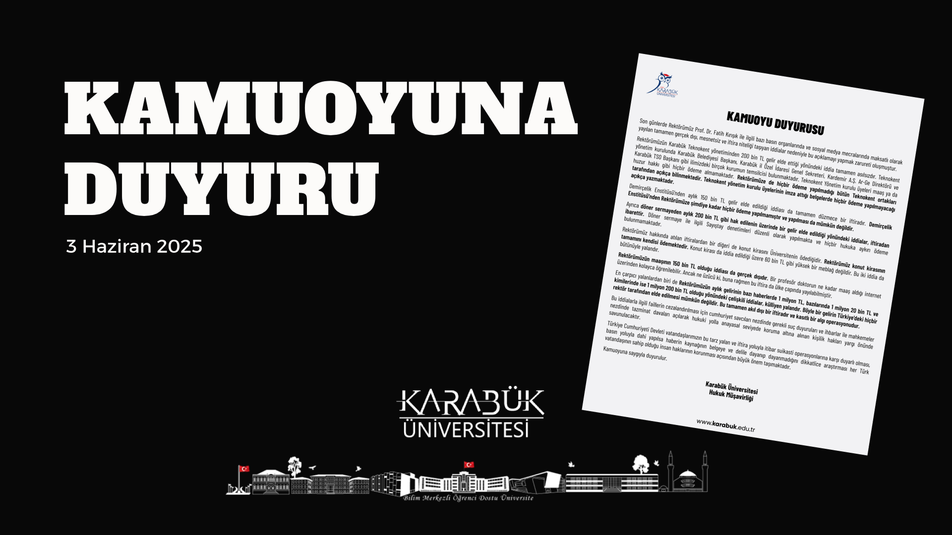 Üniversitemiz Hukuk Müşavirliğinden "Kamuoyu Duyurusu"